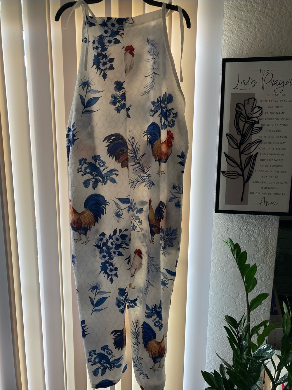 White Rooster-Print Tie-Strap Midi Jumpsuit